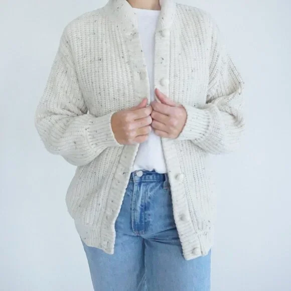 Vintage Newcomer Cream Chunky Knit 10% Wool Button Up Cardigan Sweater S - Picture 2 of 11
